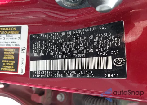 2017 Toyota Camry Le from USA, damaged, VIN 4T1BF1FK3HU753009